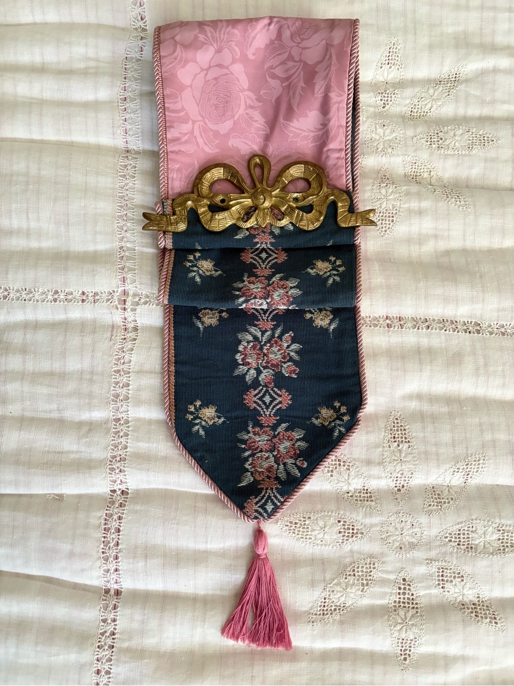 Vintage-Inspired Pink and Navy Floral Wall Hanging with Gold Accent
